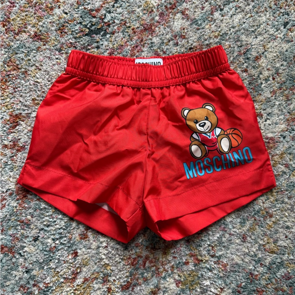 Moschino Kids Red Swim Trunks with Bear Graphic